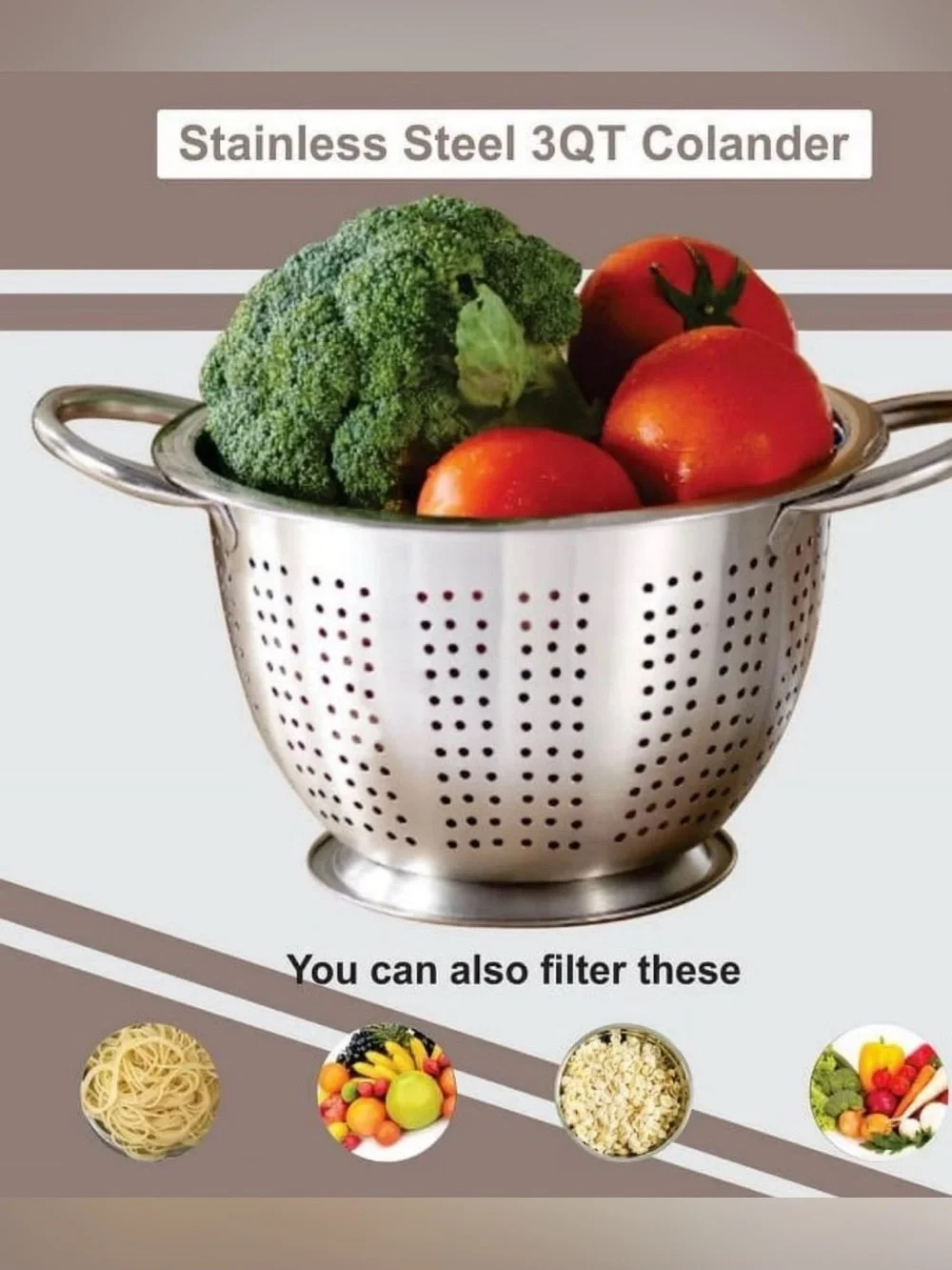 Stainless Steel 3 QT Multi-Use Strainer For Fruits & Vegetables